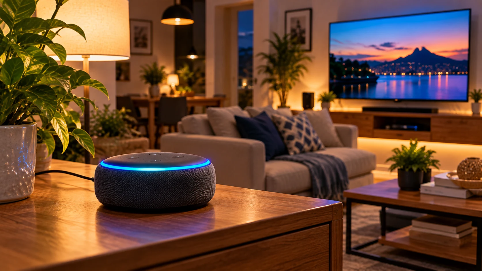 Echo Alexa em ambiente noturno com iluminação inteligente