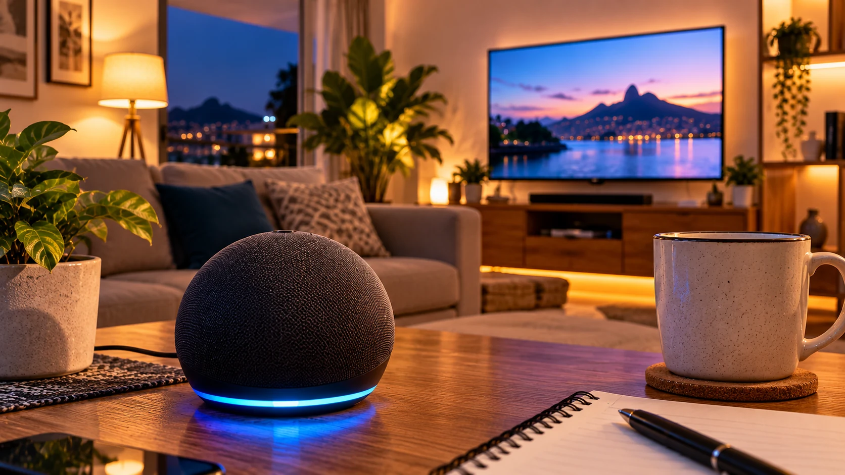 Alexa em uma sala conectada com TV e iluminação inteligente