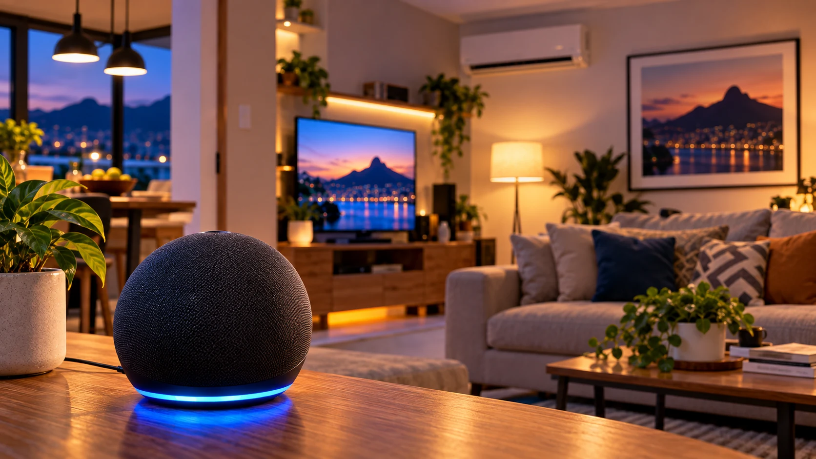 Echo Alexa controlando iluminação em uma sala moderna