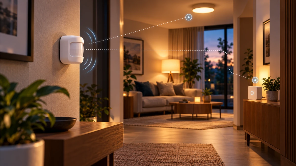 Sensor de movimento acionando uma automação em uma casa inteligente