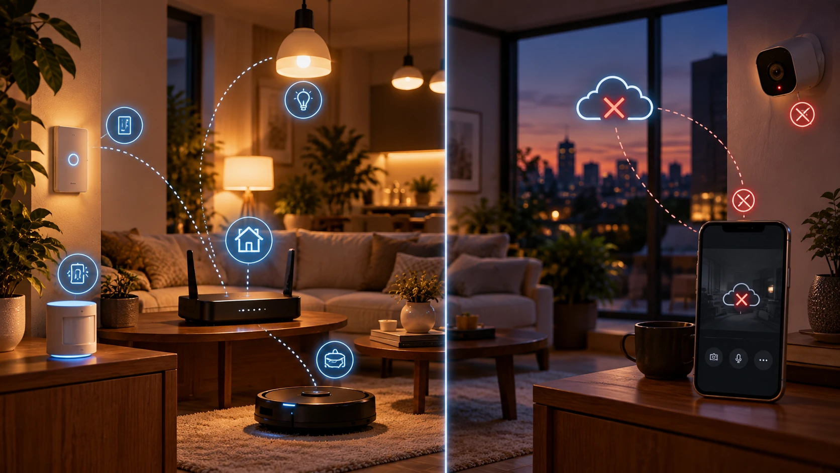 Comparação entre automação local funcionando e recursos de nuvem indisponíveis