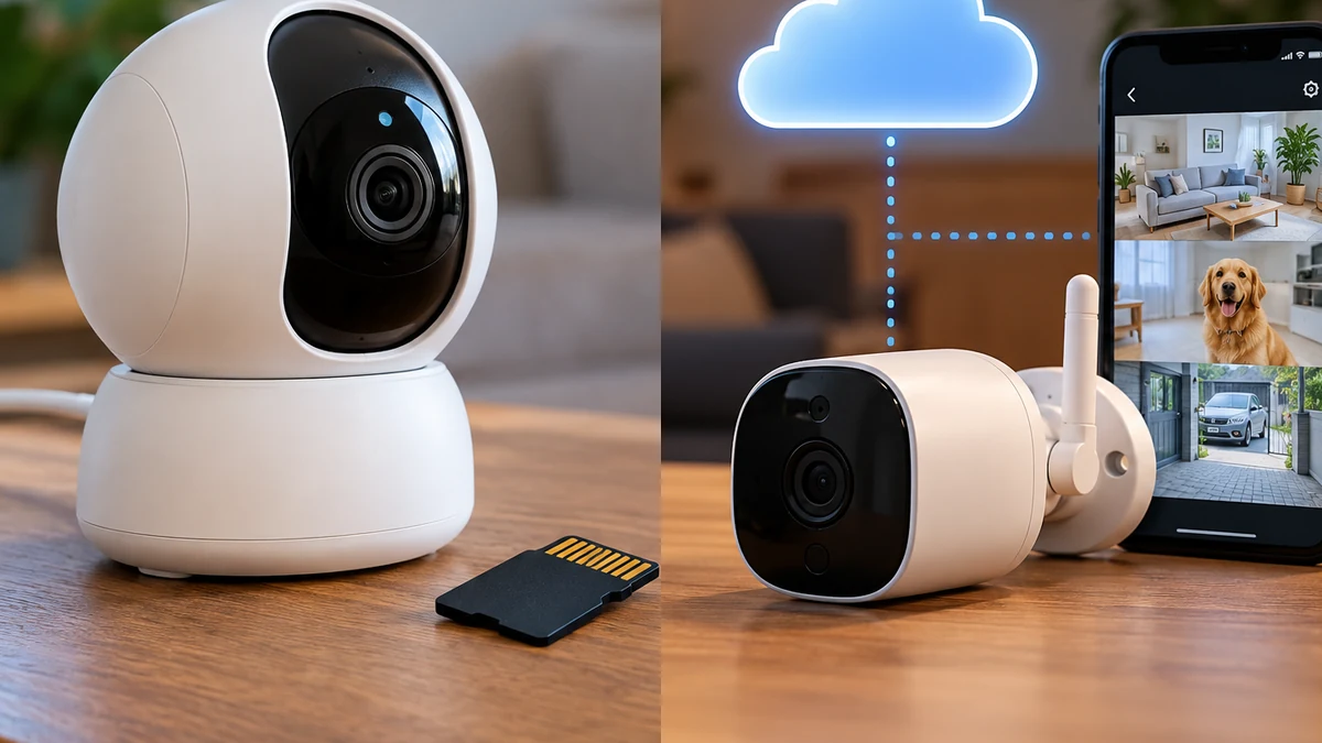 Comparação visual entre gravação local em cartão e armazenamento em nuvem