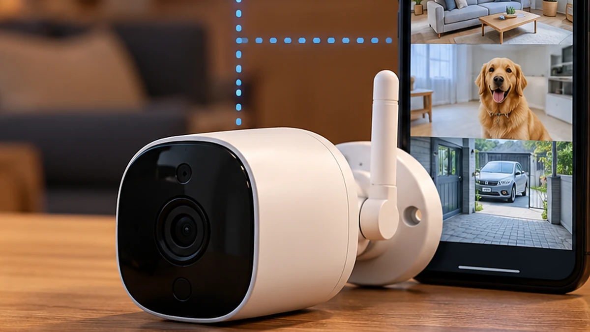 Câmera externa e smartphone para monitoramento remoto da casa