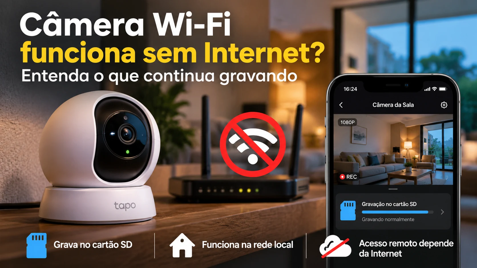 Aplicativo mostrando gravação local de câmera Wi-Fi sem internet