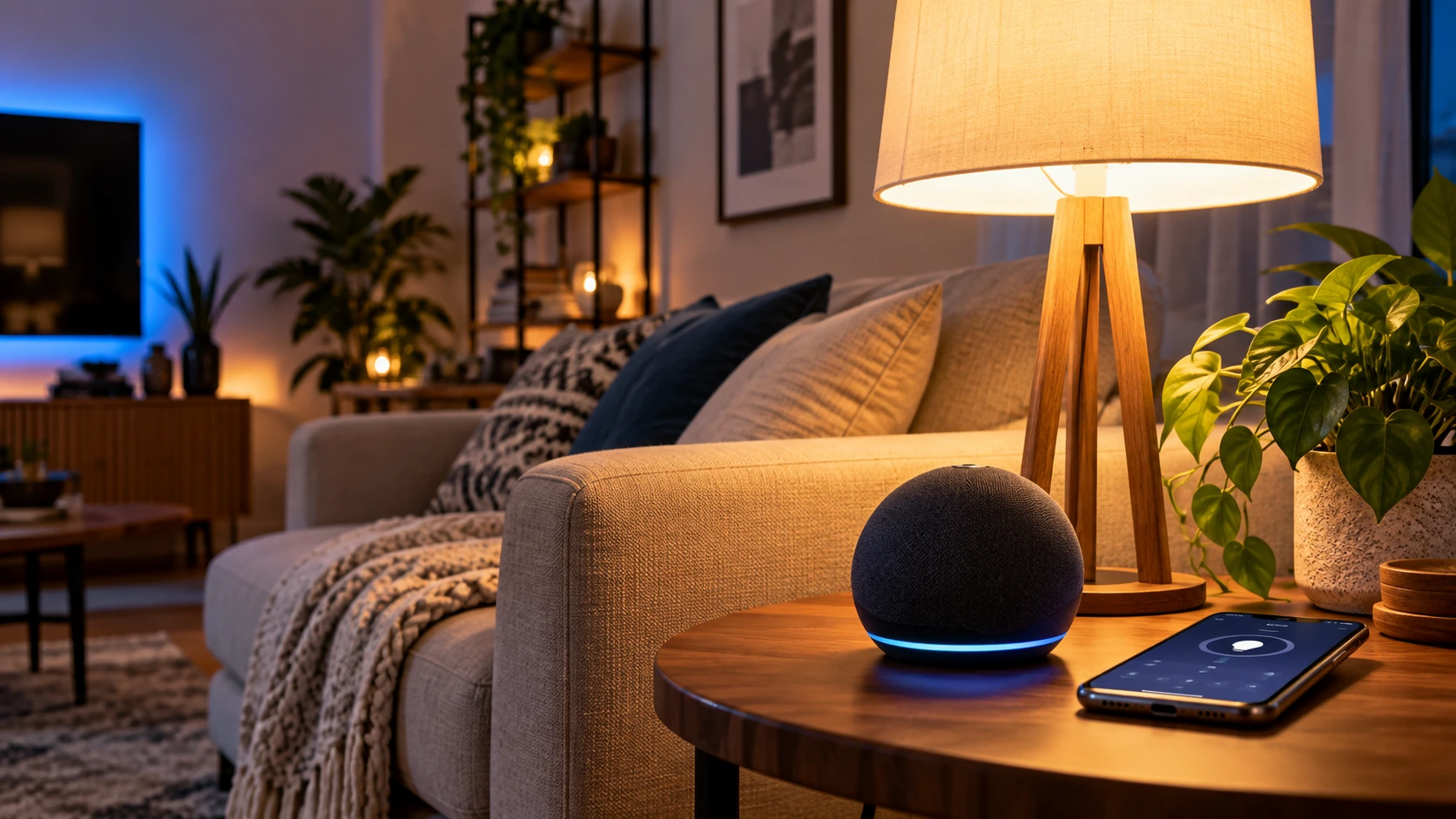 Conectar lâmpada inteligente à Alexa em uma sala moderna com smart speaker e celular