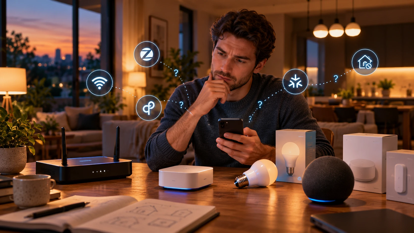 Pessoa avaliando dispositivos para casa inteligente com funcionamento offline