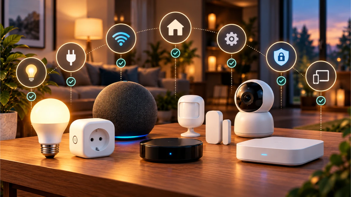 Dispositivos inteligentes para casa com ícones de conectividade, compatibilidade, segurança e controle por aplicativo