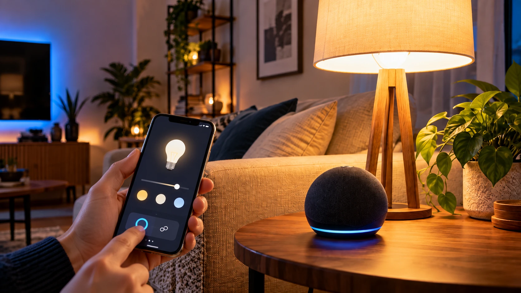 Conectar lâmpada inteligente à Alexa pelo celular com smart speaker ao lado