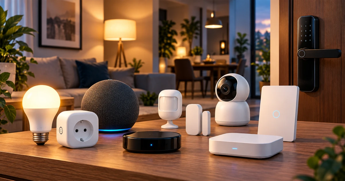Dispositivos inteligentes para casa em uma sala conectada com iluminação, tomada, assistente, sensores, câmera e fechadura
