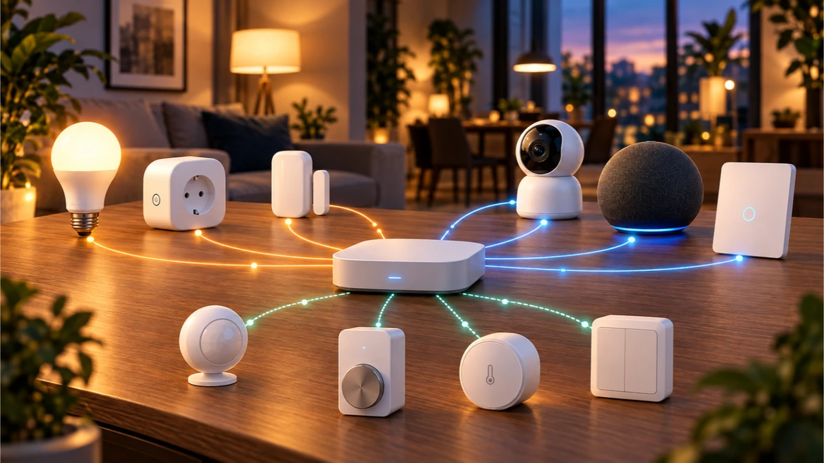 Hub conectando lâmpada, tomada, câmera, assistente, sensores e outros dispositivos inteligentes