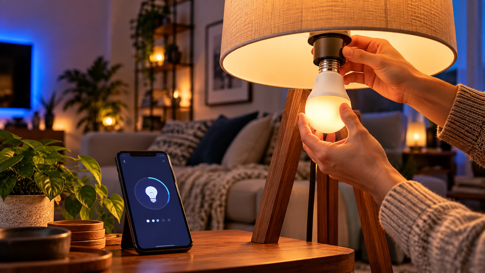 Instalação de lâmpada inteligente em modo de pareamento com celular