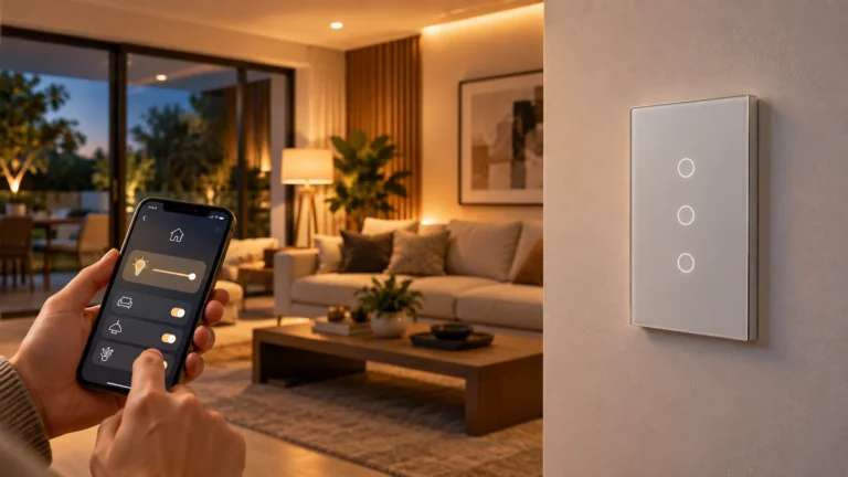 Interruptor inteligente controlando a iluminação de uma sala moderna pelo celular