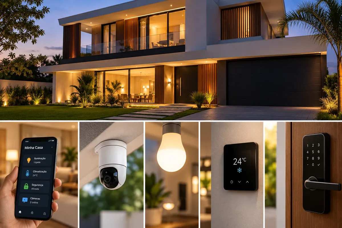 Casa inteligente moderna com dispositivos conectados representando o padrão Matter