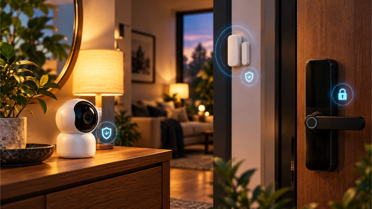 Câmera, sensor de abertura e fechadura inteligente representando segurança em uma casa conectada