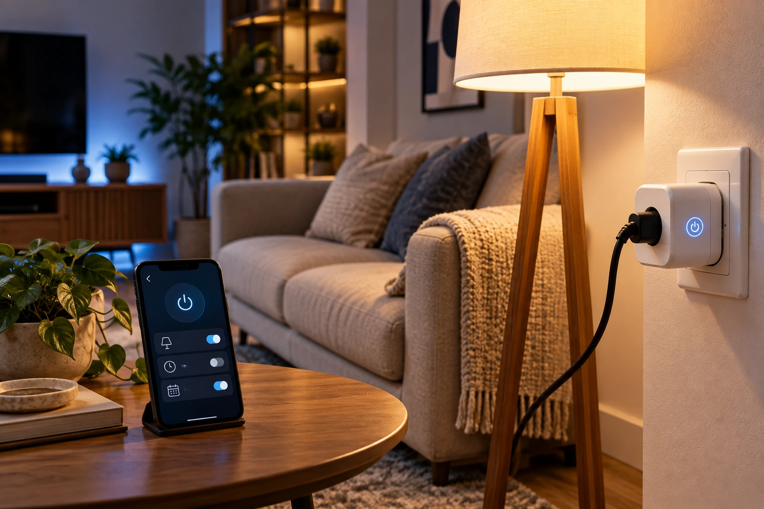 Tomada inteligente controlando uma luminária em sala aconchegante pelo celular