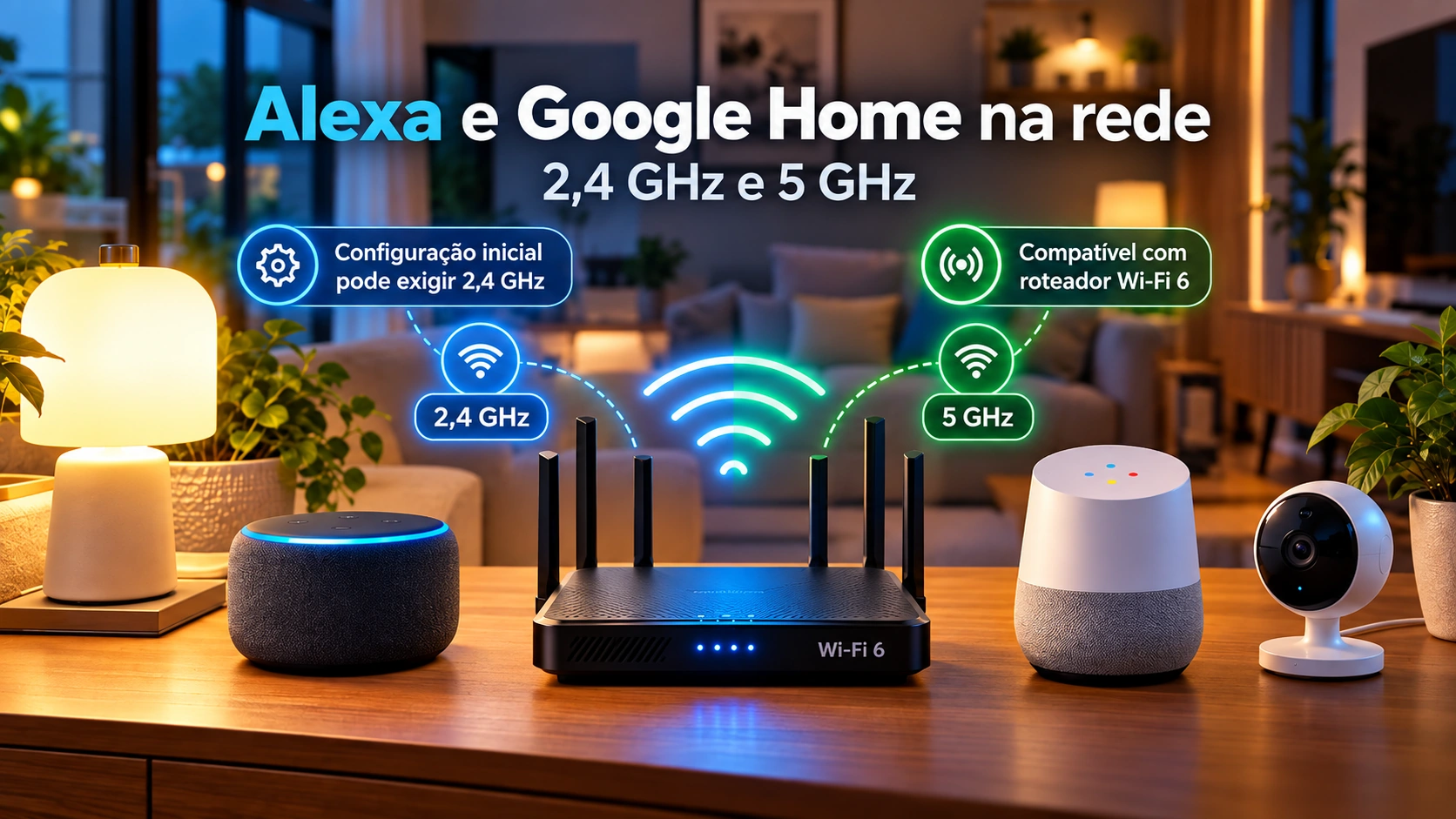 Alexa e Google Home conectados a uma rede Wi-Fi 6 em 2,4 GHz e 5 GHz