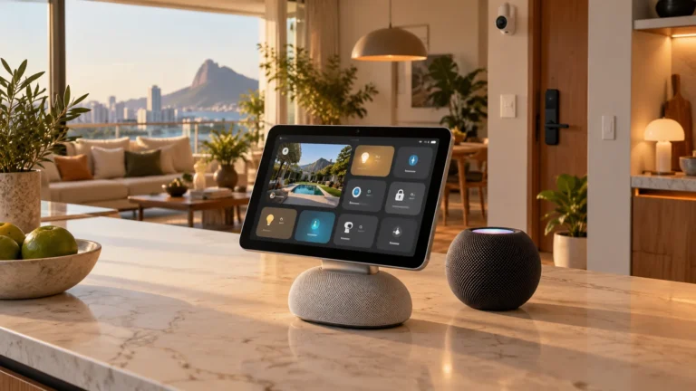 Ilustração conceitual de Apple HomeView e alto-falante inteligente em uma casa