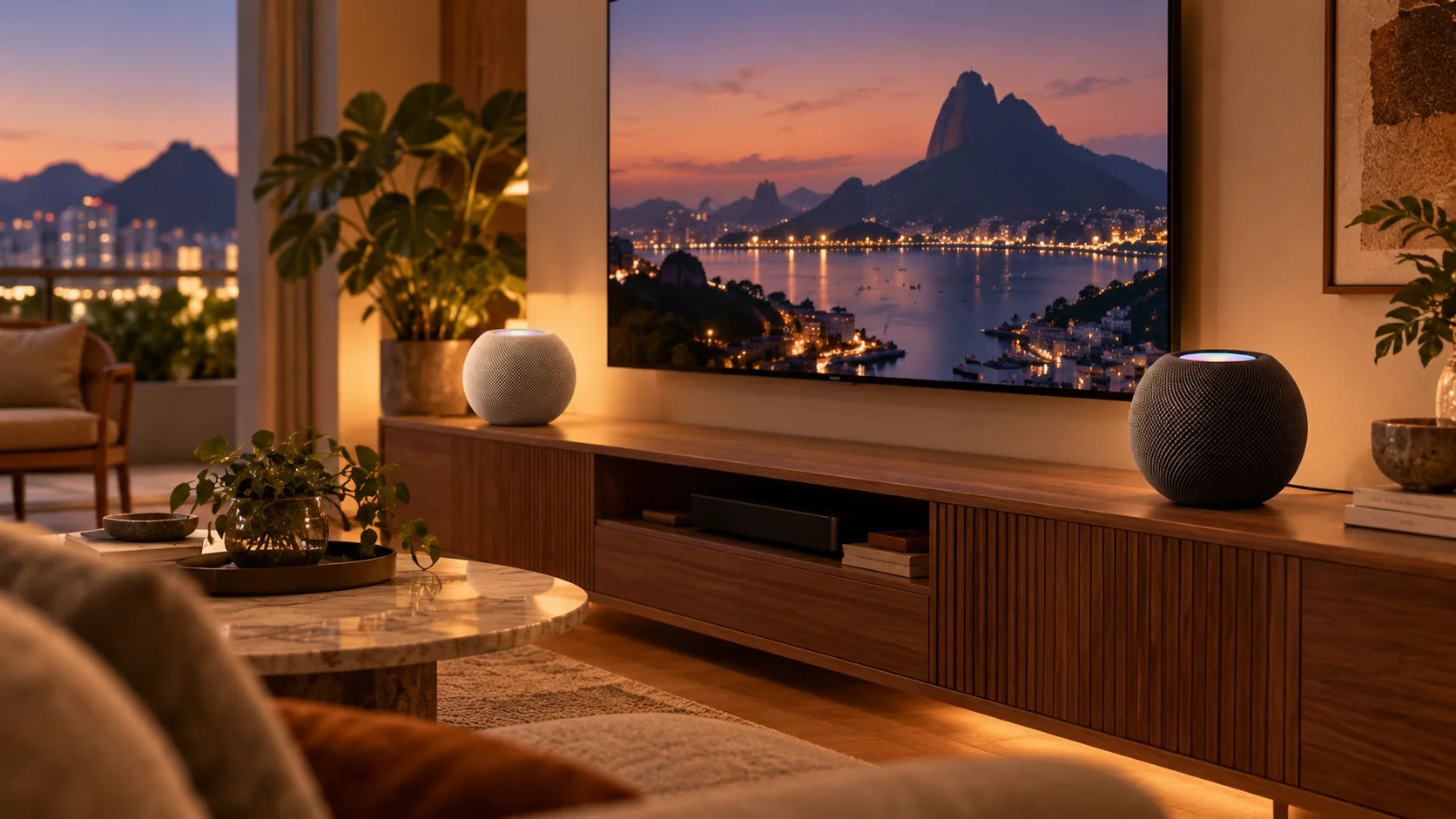 Alto-falantes inteligentes em sala com televisão