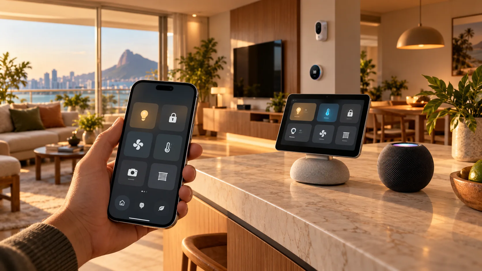 Celular e painel conceitual para controlar dispositivos de casa inteligente