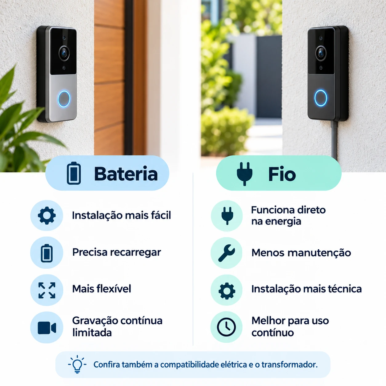 Infográfico comparando campainha inteligente com bateria e campainha inteligente com fio