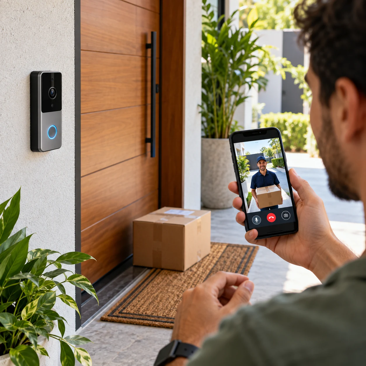 Campainha inteligente com câmera instalada ao lado da porta com imagem de entregador no celular