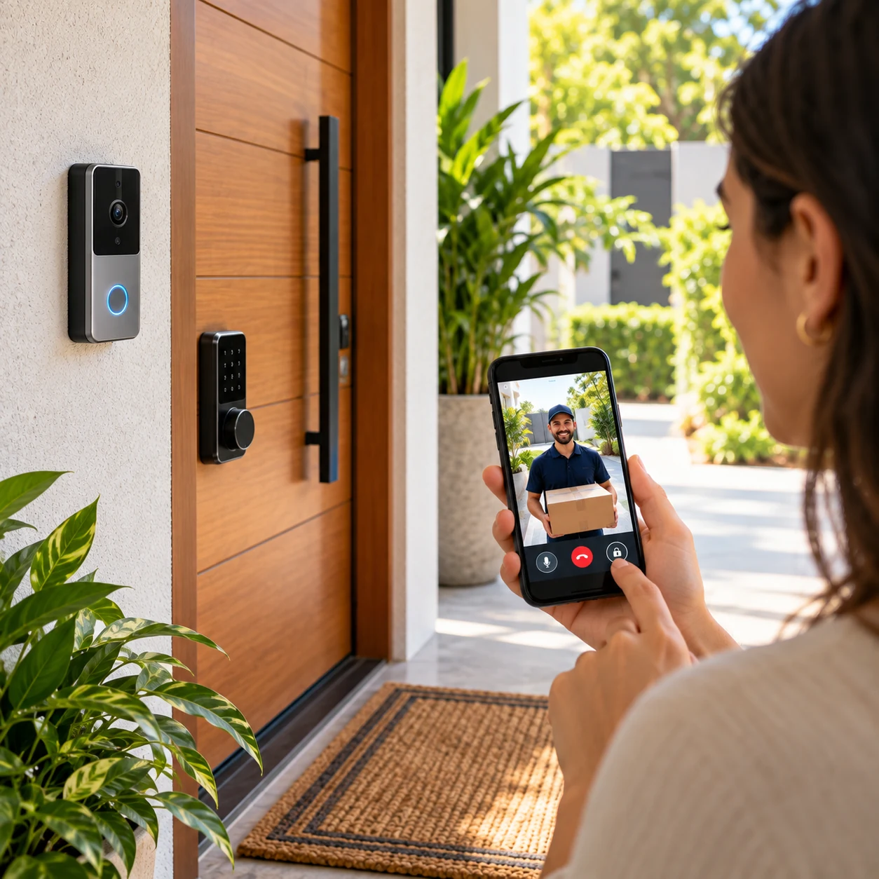 Campainha inteligente com câmera integrada a fechadura inteligente na entrada da casa