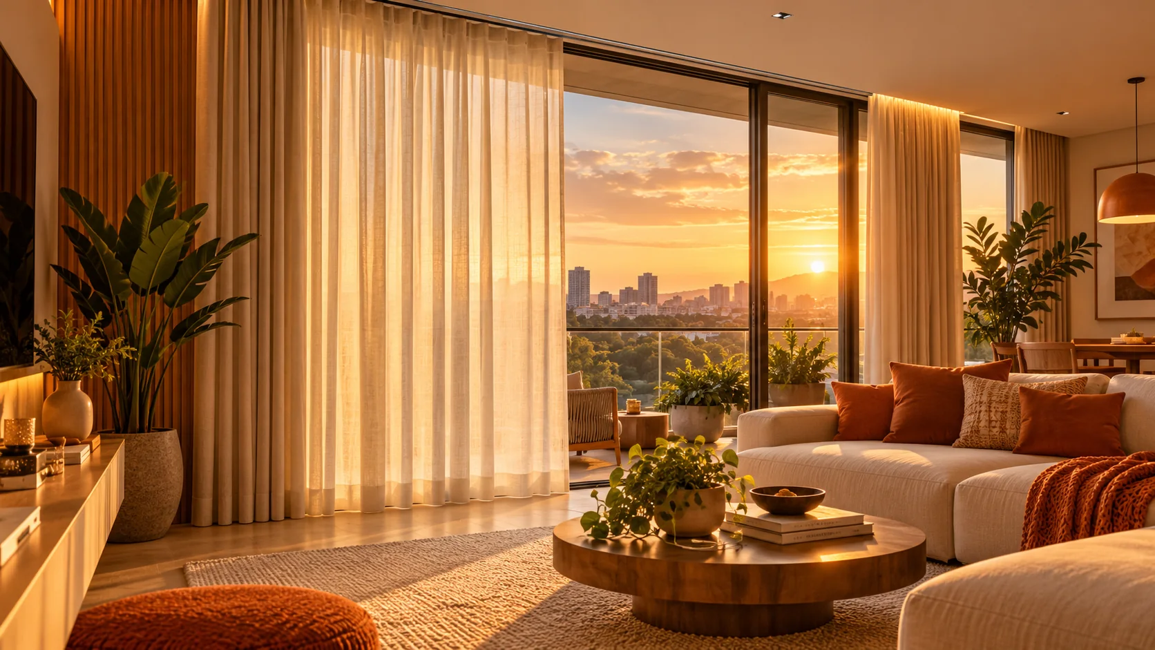 Sala contemporânea com cortinas de linho motorizadas junto a uma varanda durante o pôr do sol