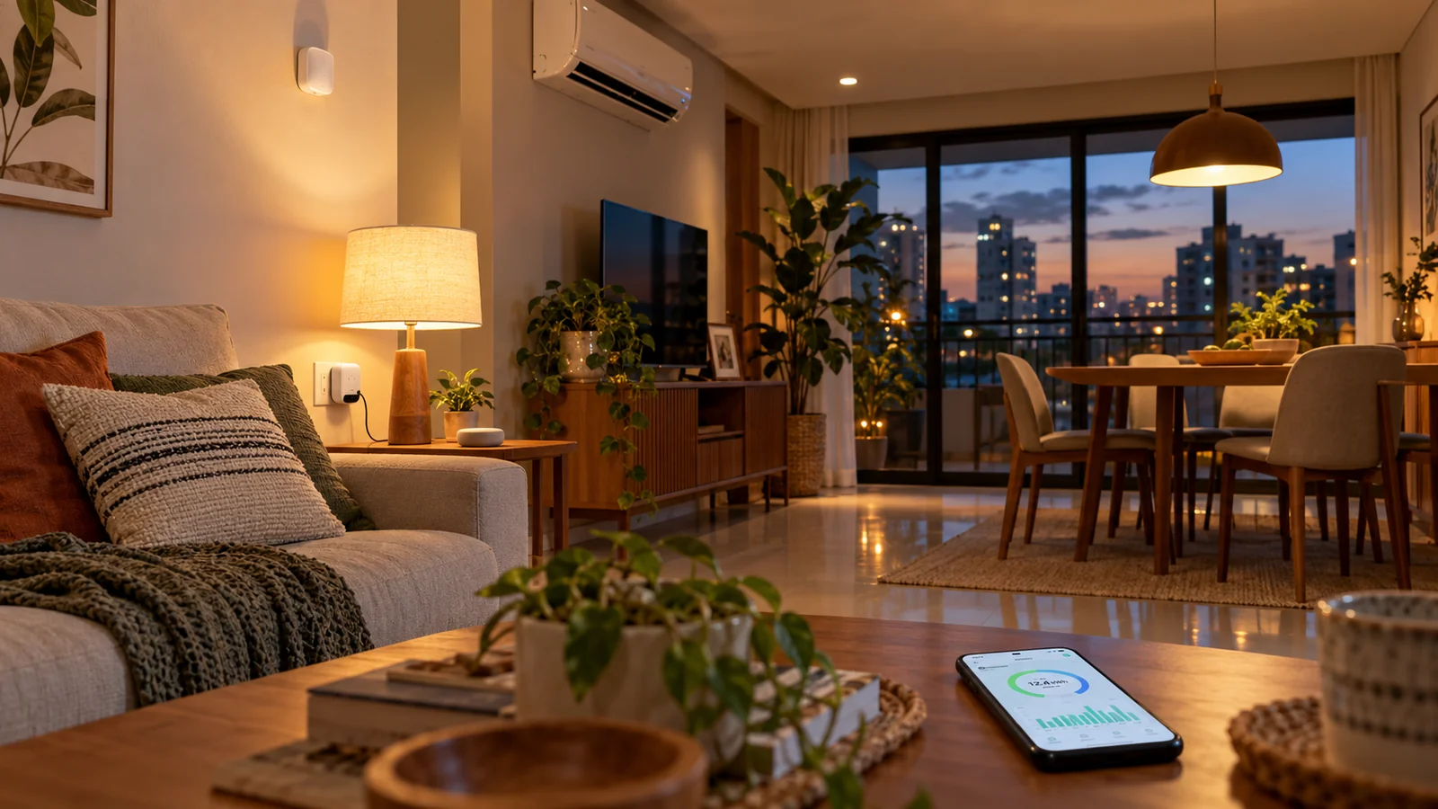 Sala de apartamento com luzes inteligentes, tomada conectada e celular mostrando consumo de energia em ambiente acolhedor