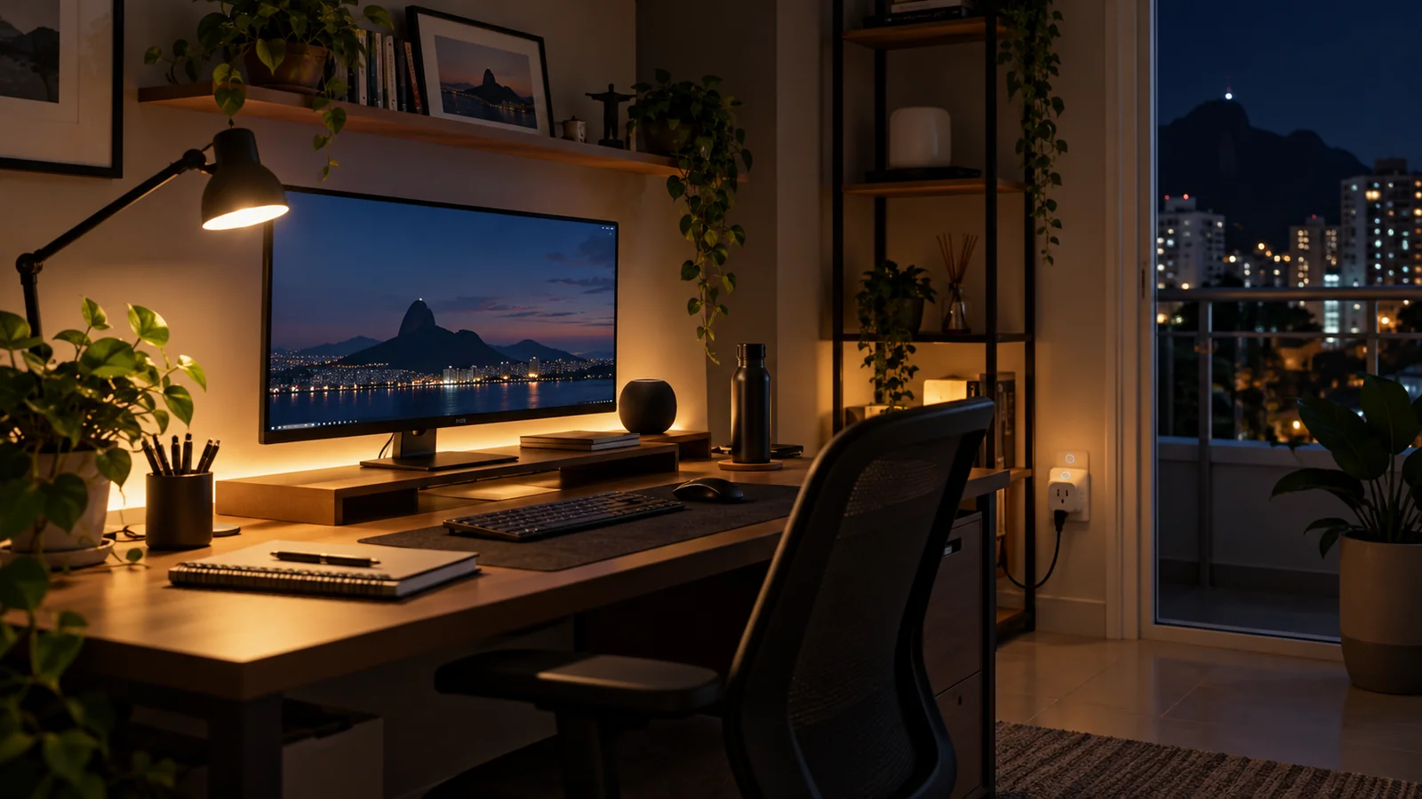 Home office à noite com luminária, monitor e tomada inteligente para programar os acessórios da mesa