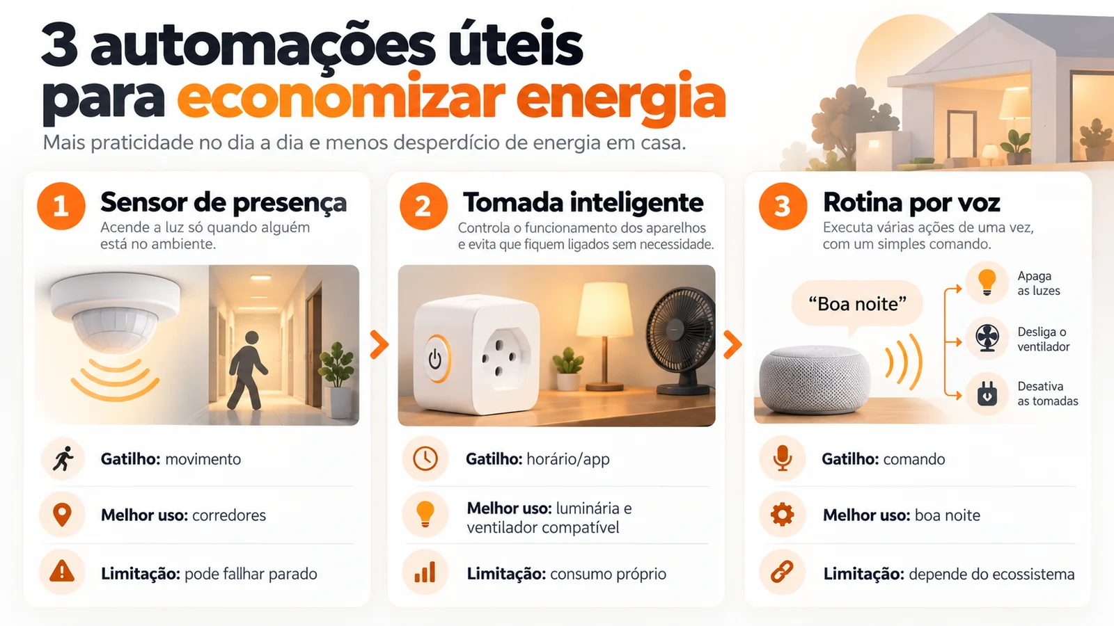 Infográfico de três automações para economizar energia: sensor de presença, tomada inteligente e rotina por comando de voz