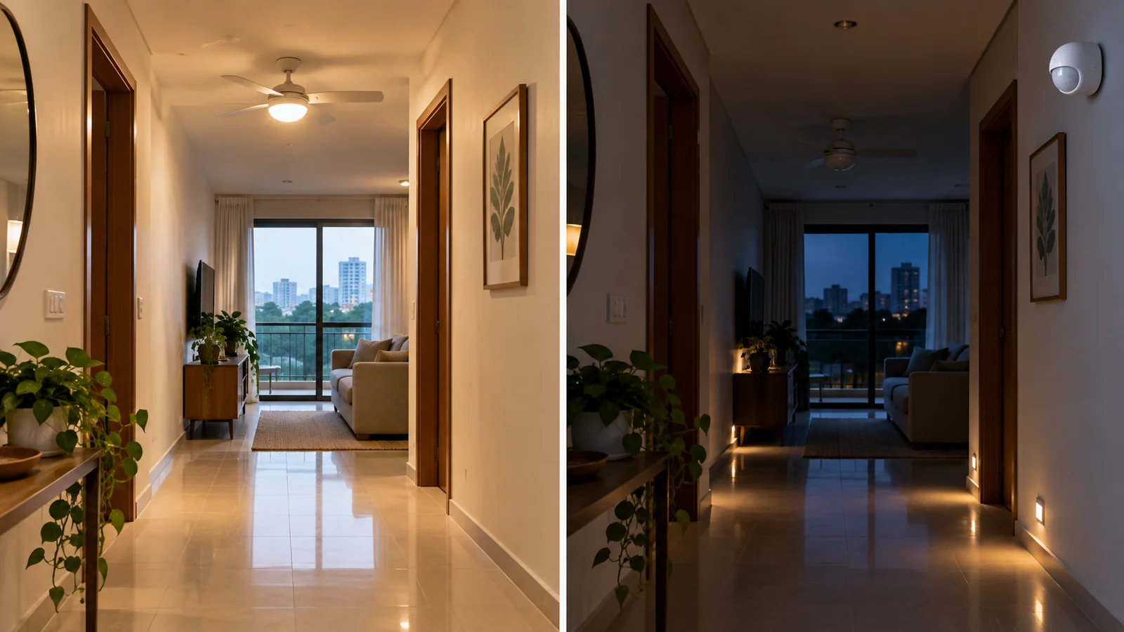 Comparação antes e depois da iluminação de corredor residencial controlada por sensor de presença