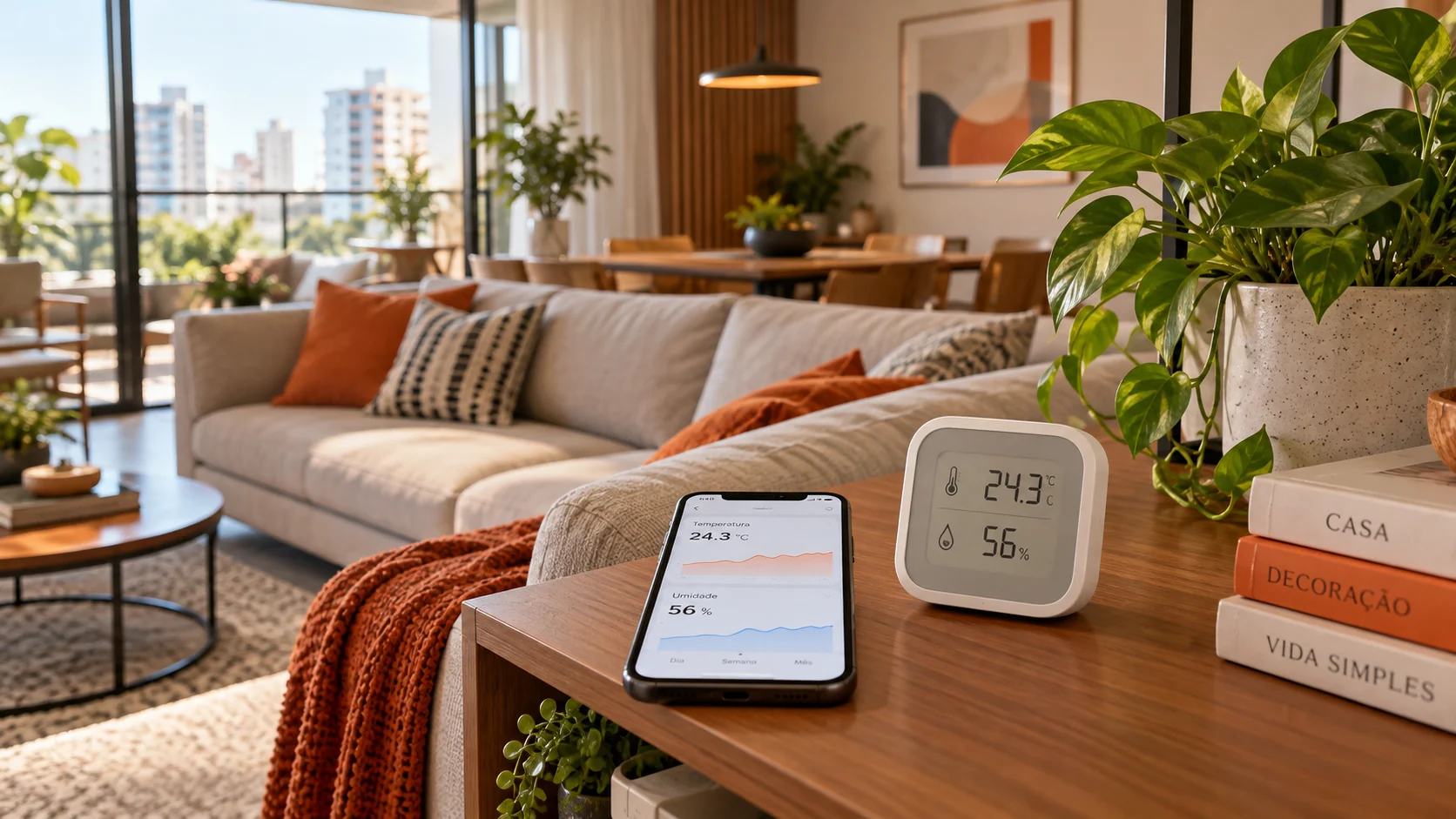 Sensor de temperatura e umidade com visor digital e aplicativo no celular sobre móvel de sala brasileira iluminada naturalmente