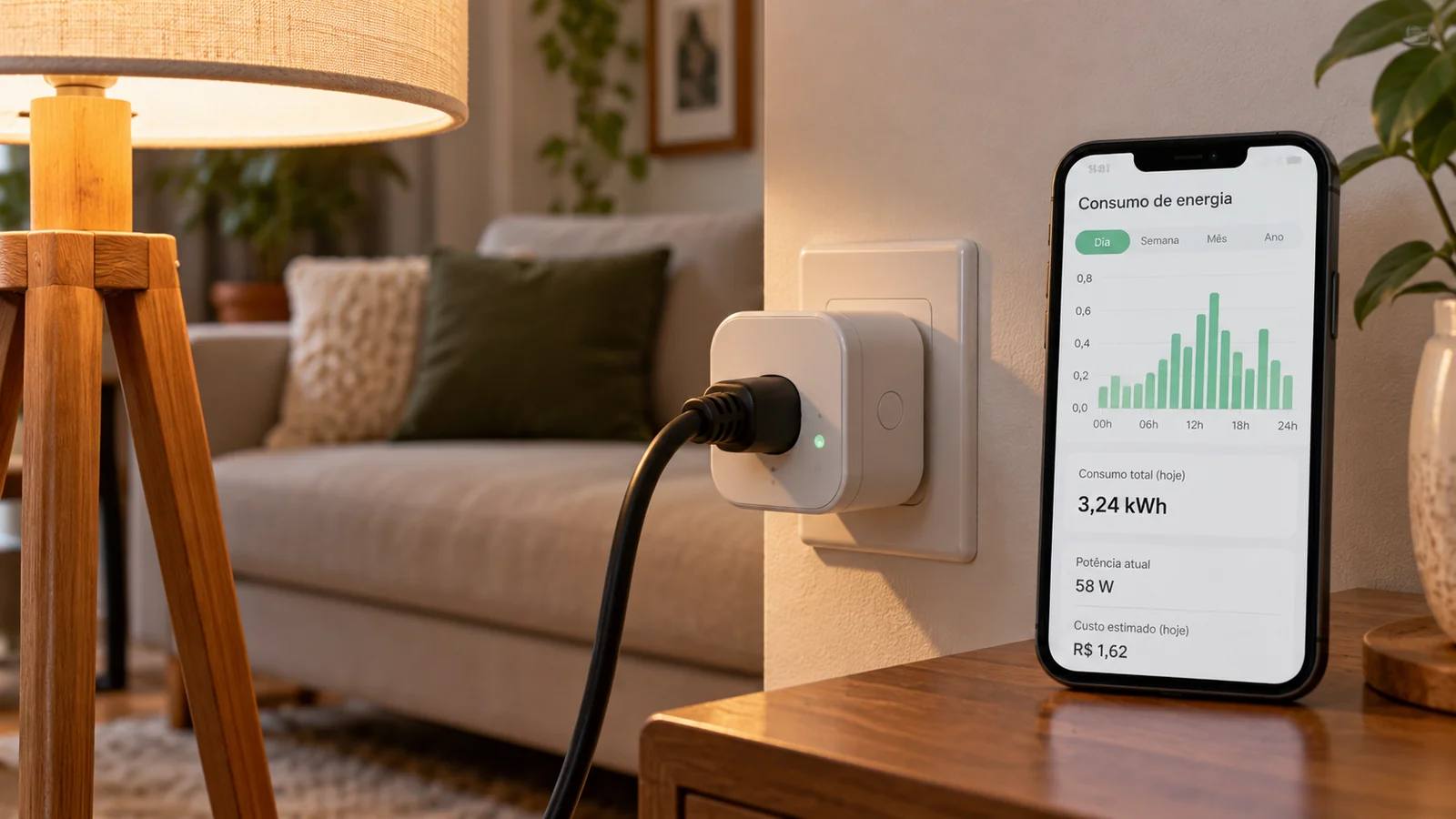 Tomada inteligente com medição de energia e celular exibindo gráfico ilustrativo de consumo em uma sala