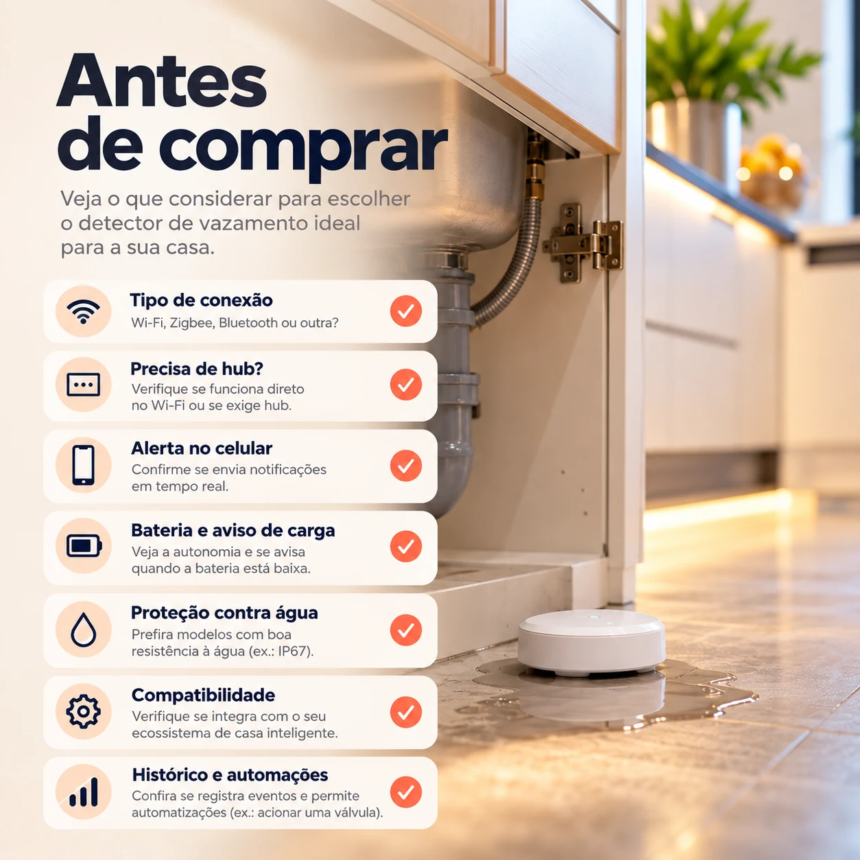 Checklist para escolher sensor de vazamento de água inteligente com conexão, hub, bateria e compatibilidade