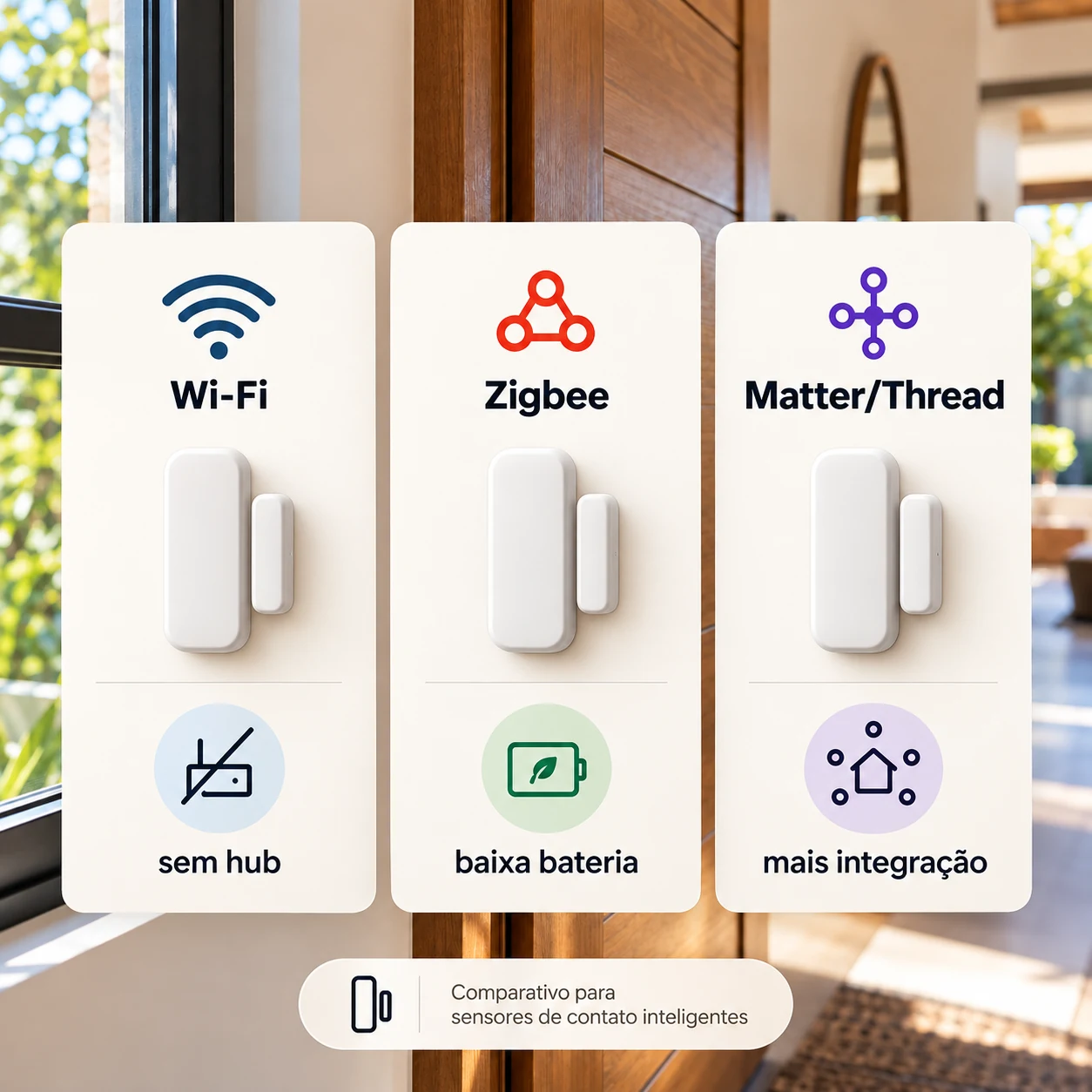 Comparativo de sensor de porta e janela inteligente Wi-Fi Zigbee e Matter Thread