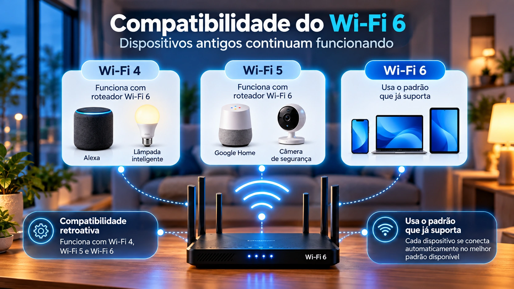 Infográfico em português sobre compatibilidade do Wi-Fi 6 com dispositivos antigos