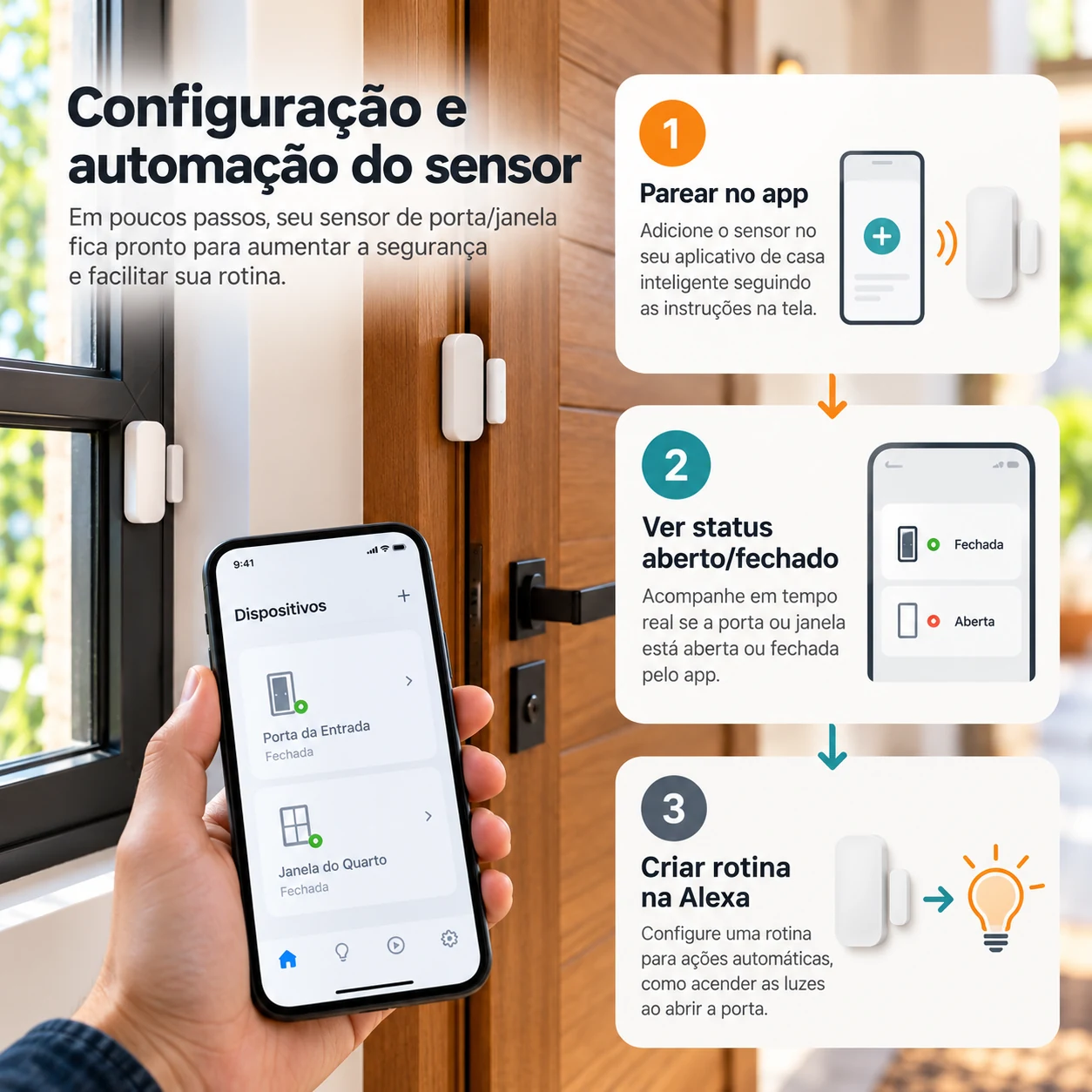 Configuração de sensor de porta e janela inteligente no aplicativo e automação com Alexa