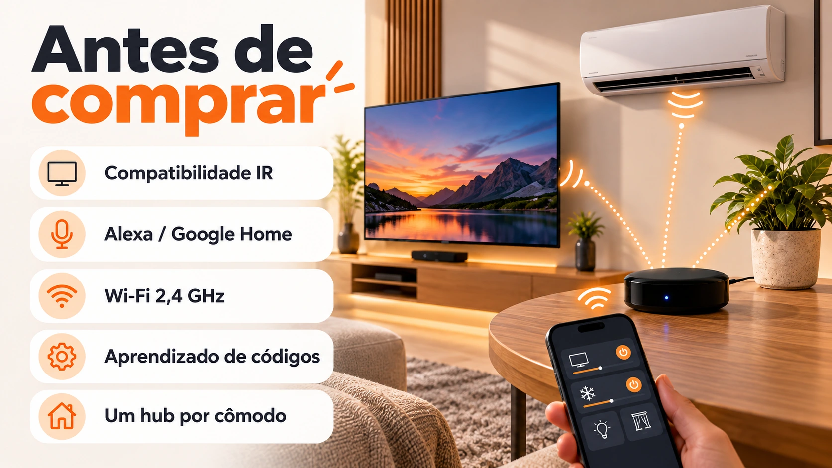 Infográfico com checklist antes de comprar controle remoto universal inteligente