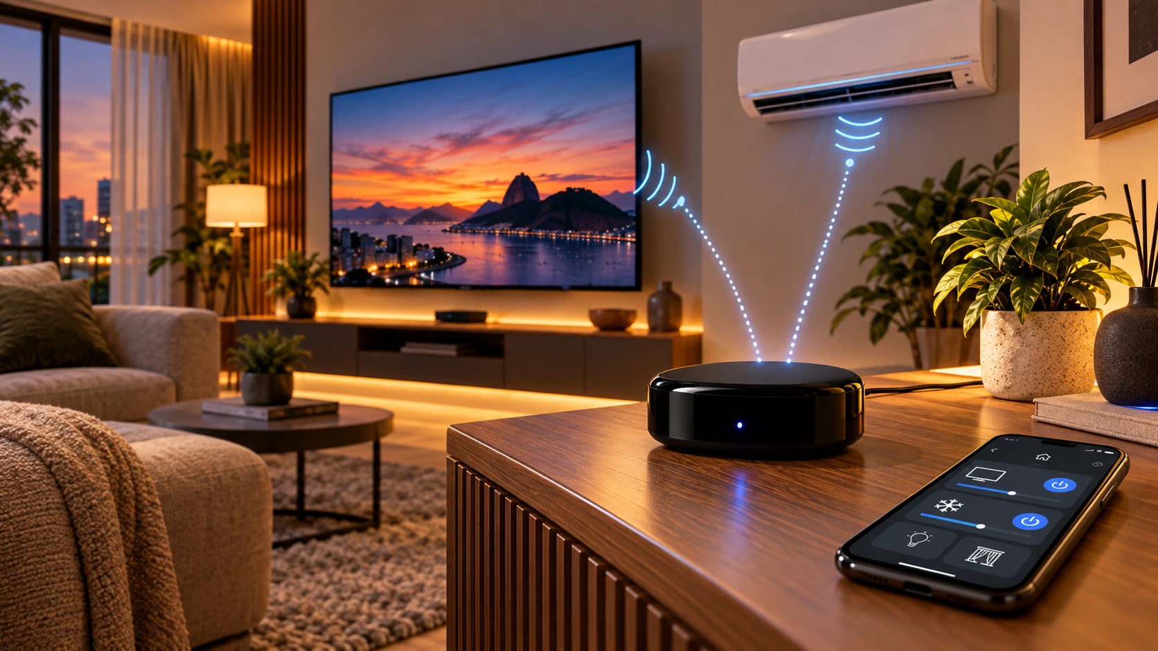 Hub de controle remoto universal inteligente em sala com TV e ar-condicionado