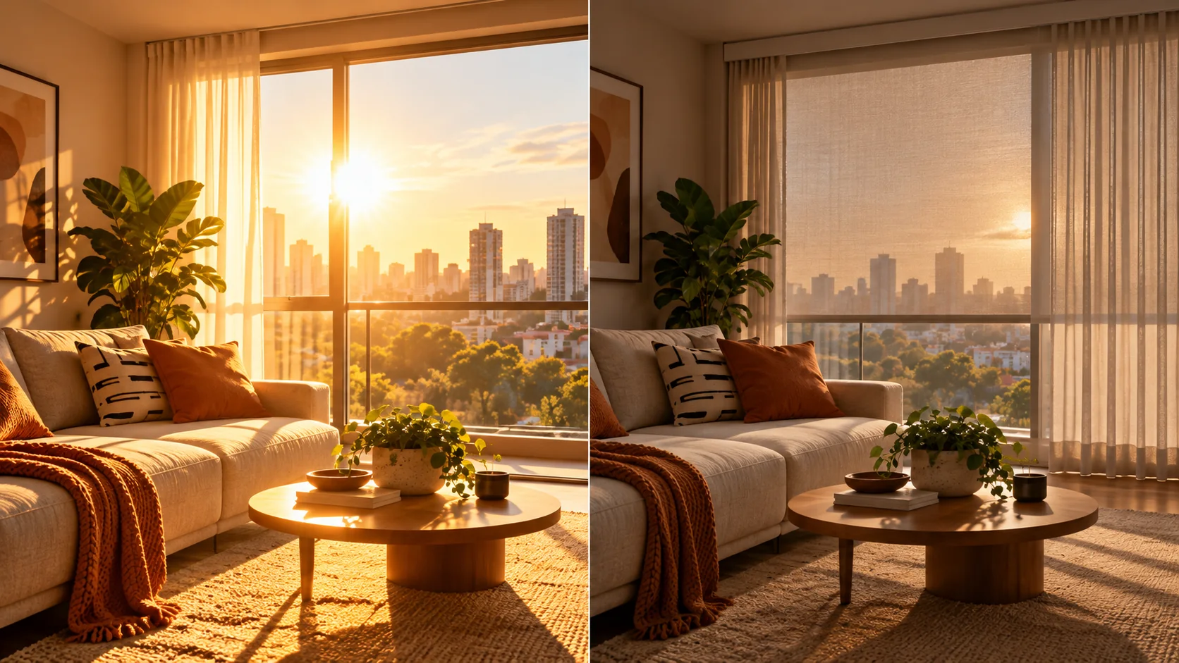 Comparação visual de sala com sol direto e com cortina fechada para controle de luminosidade e conforto térmico