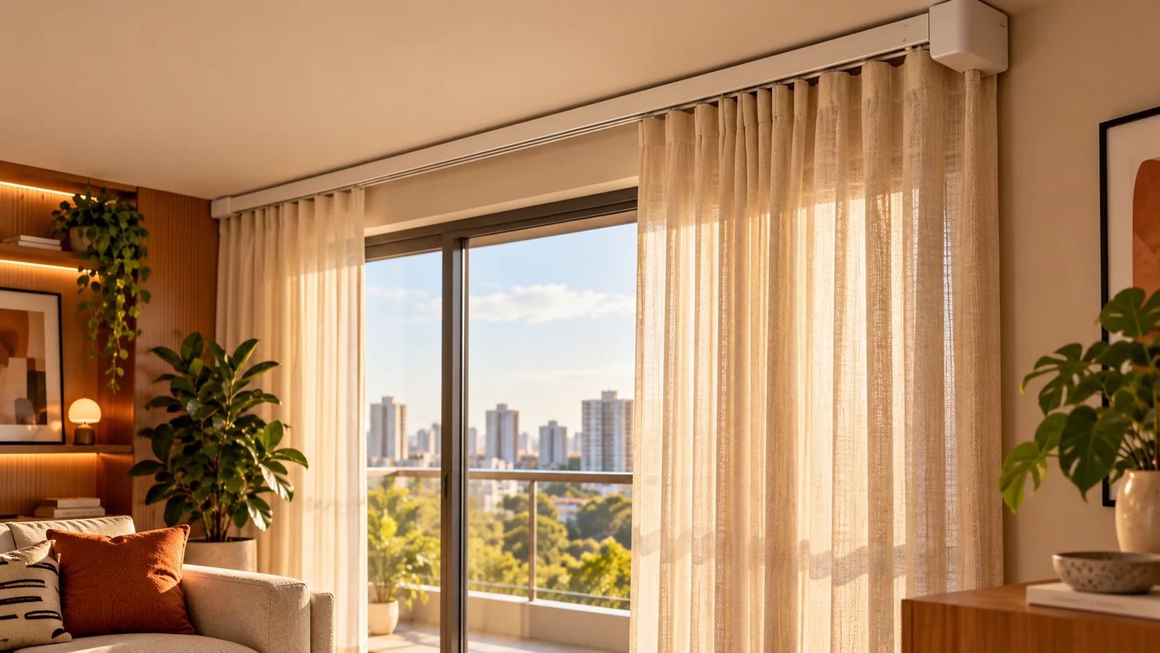 Sala com cortinas claras sobre trilho no teto e varanda ao fundo, exemplo de cortina motorizada residencial