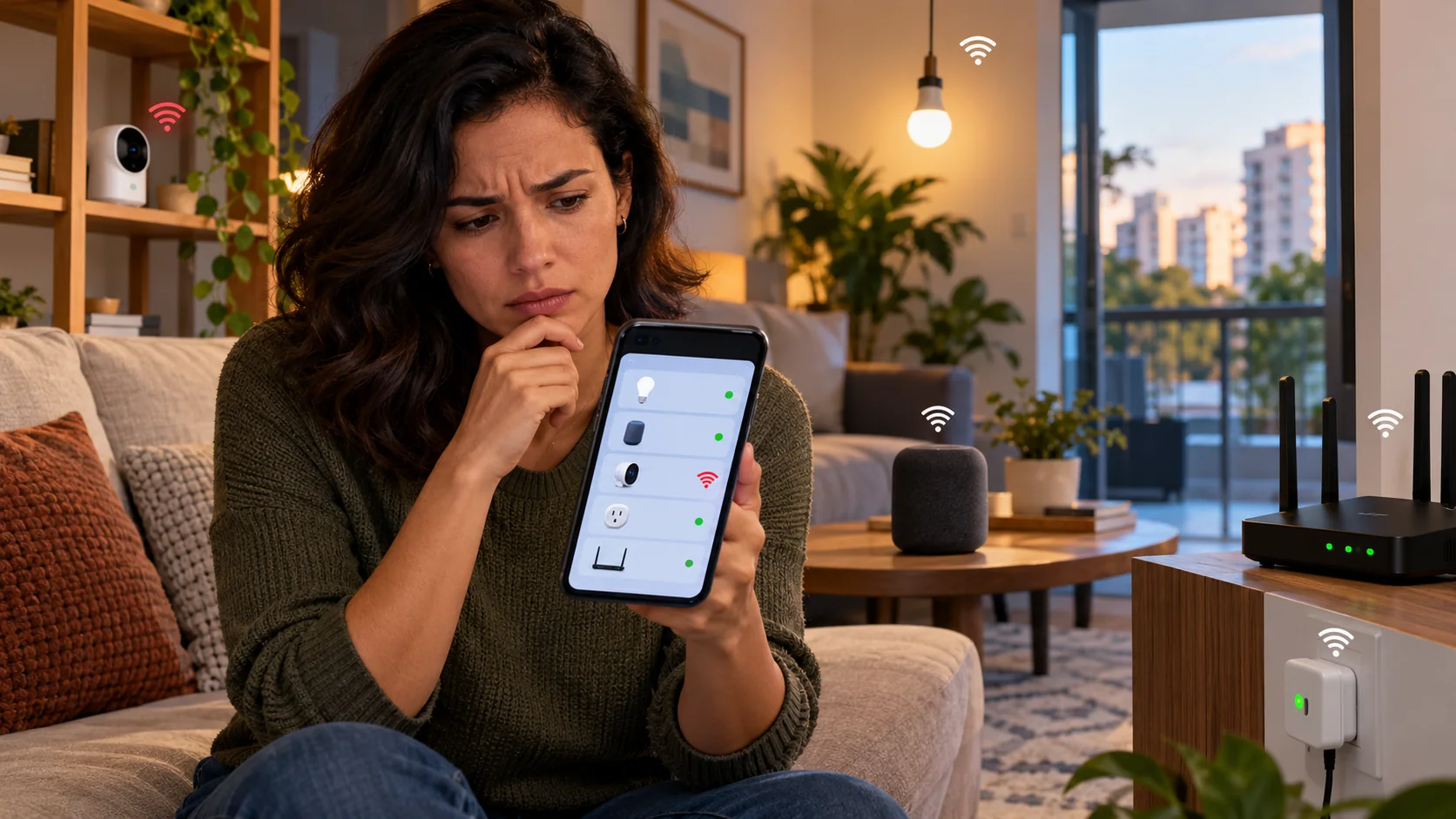 Dispositivo inteligente fica offline: pessoa vê câmera desconectada no celular em sala com roteador e dispositivos Wi-Fi