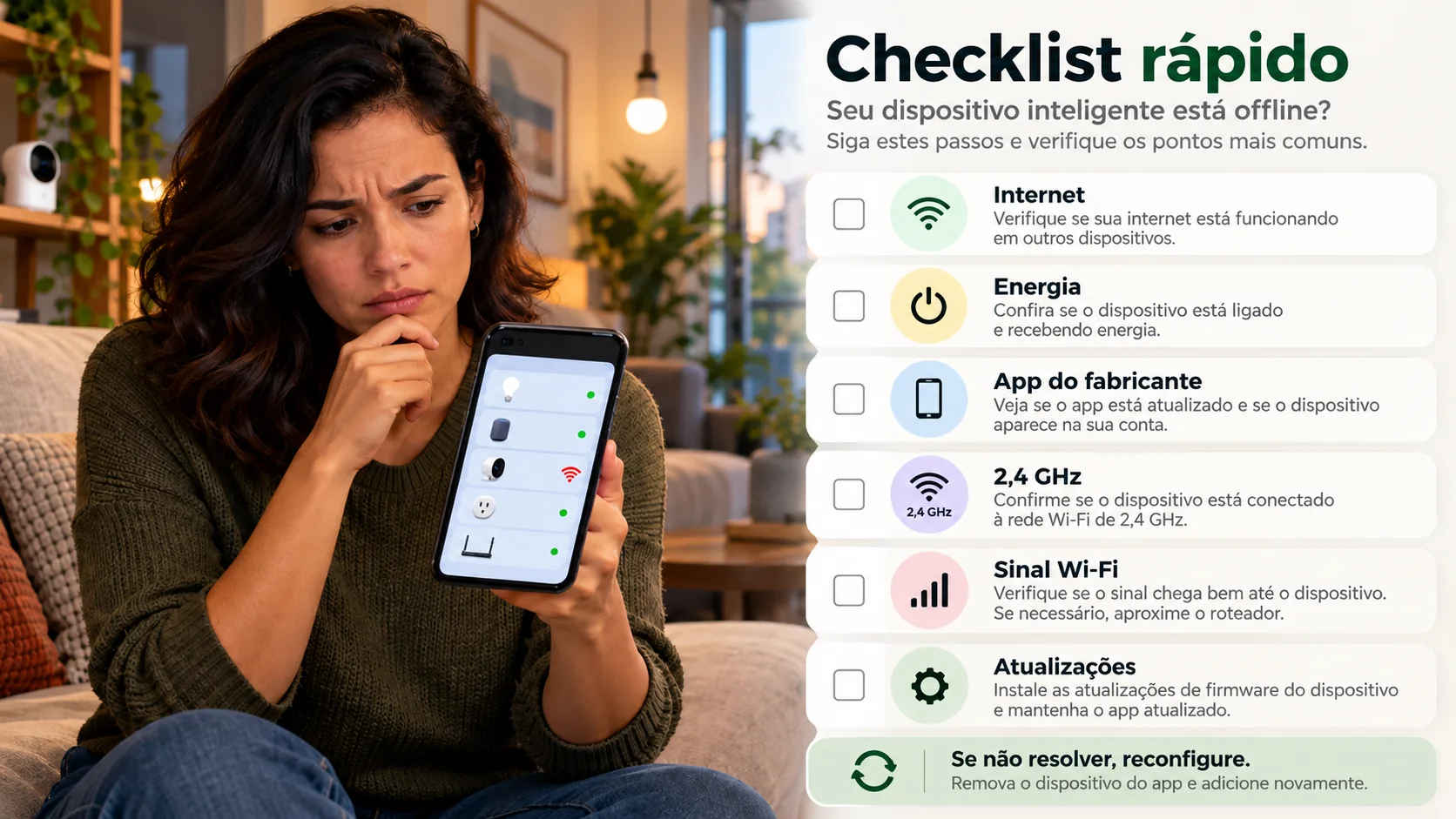 Checklist ilustrado de conexão: testar internet, energia, app do fabricante, 2,4 GHz, sinal Wi-Fi e atualizações