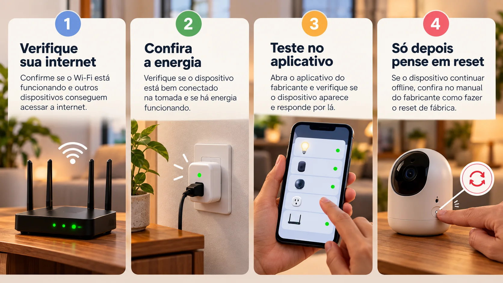 Infográfico com quatro etapas para dispositivo offline: verificar internet, energia, aplicativo do fabricante e considerar reset