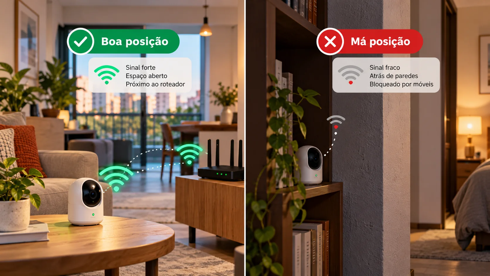 Dispositivo inteligente fica offline: comparação entre posição com sinal Wi-Fi forte e posição com sinal fraco atrás de obstáculos