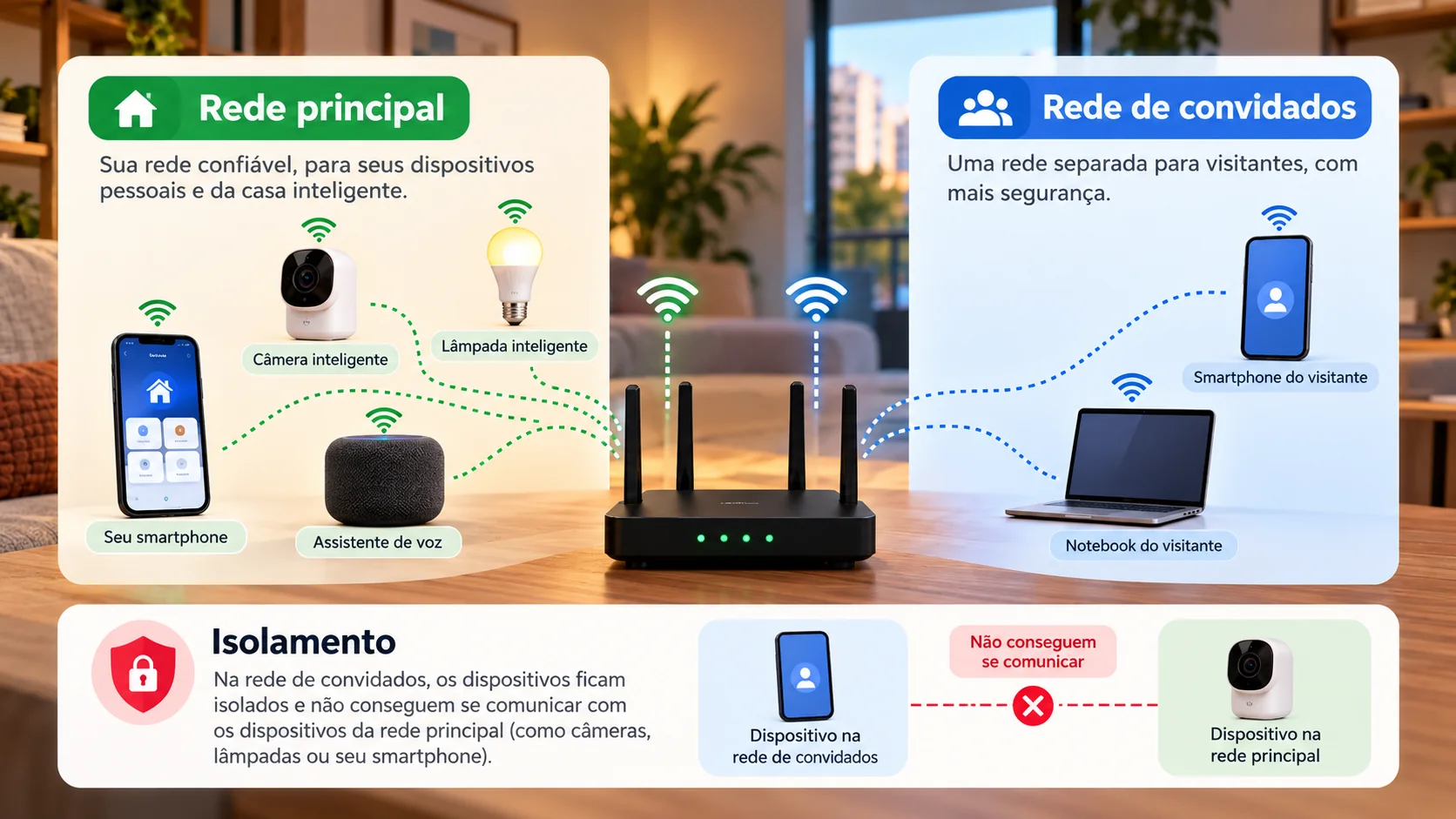 Infográfico mostra que isolamento da rede de convidados pode impedir comunicação local com aparelhos da rede principal