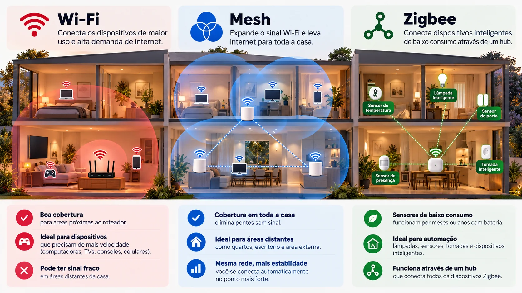 Infográfico de uma residência compara cobertura Wi-Fi, distribuição de sinal por rede mesh e conexão Zigbee por hub