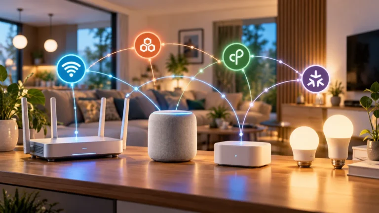 Casa inteligente conectada: roteador, hub, assistente e lâmpadas em uma sala moderna