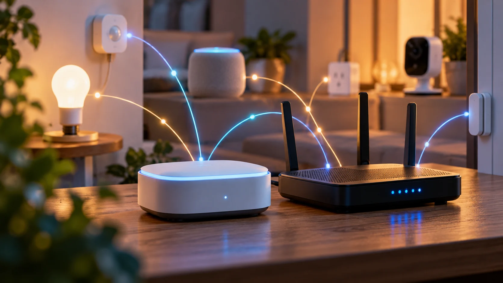 Roteador e hub conectando lâmpada, câmera e sensores em uma casa inteligente
