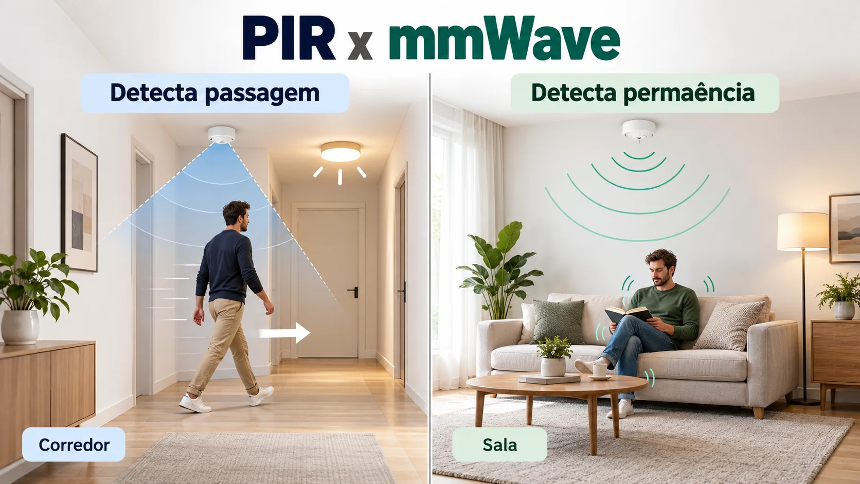 Infográfico horizontal comparando sensor PIR que detecta uma pessoa atravessando o corredor e sensor mmWave que detecta presença de pessoa sentada na sala
